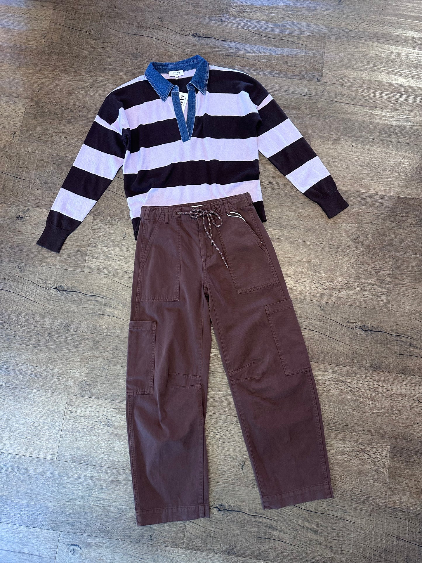Denim Collar Polo Stripe Sweater in coffee bean/ lilac by J.Society