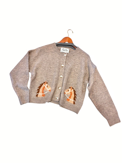 Horse Print Button Up Cardigan in mocha by Dreamers