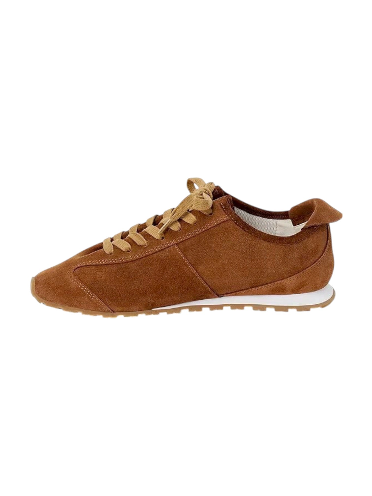 side view of brown suede sneakers with laces tied