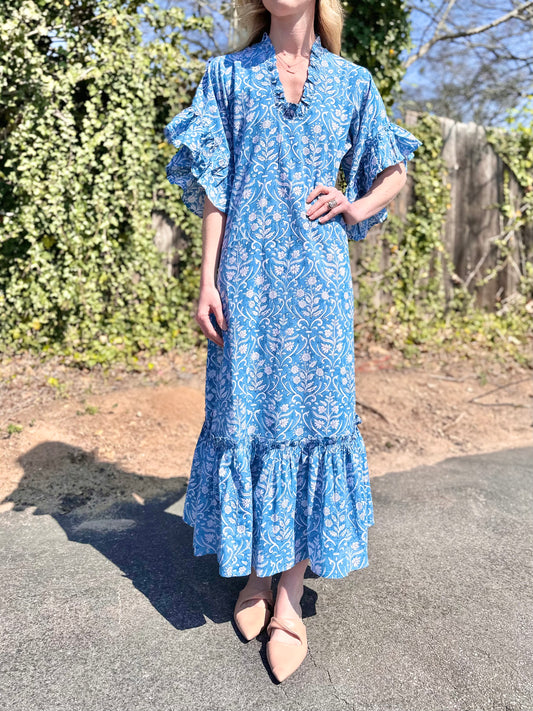 Soleil Flutter Sleeve Maxi Dress in blue trellis by Fitzroy & Willa