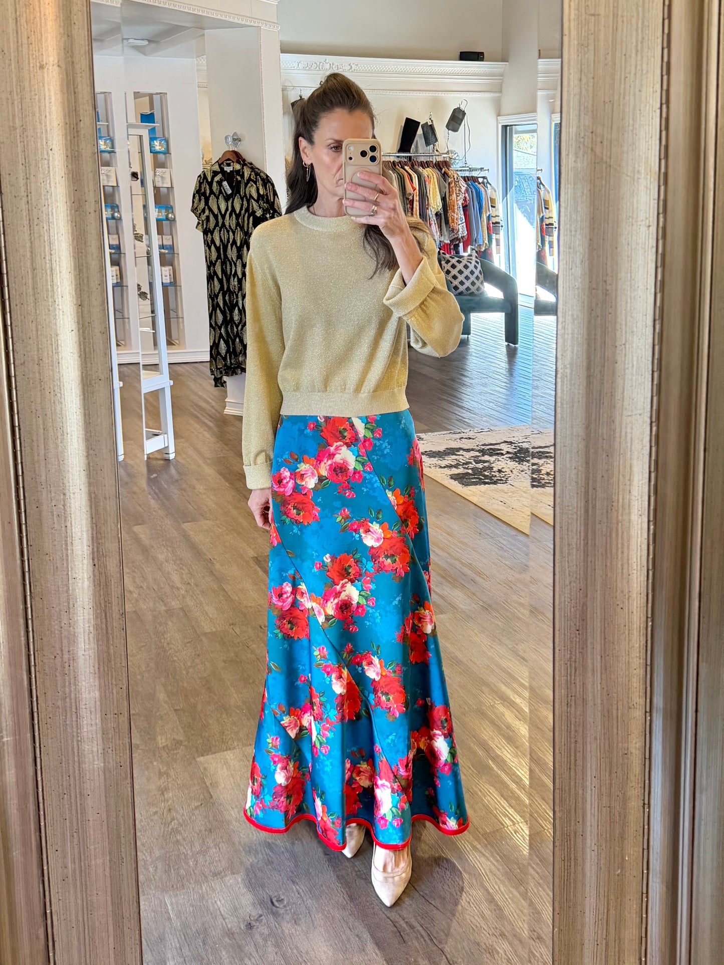 Serena Skirt in holiday chintz teal by Elizabeth James