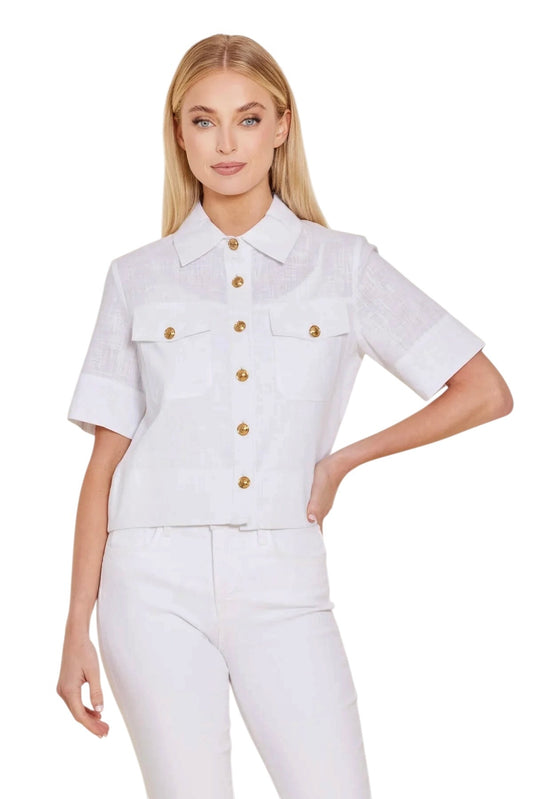 Short Sleeve Linen Jacket in white by Dolce Cabo