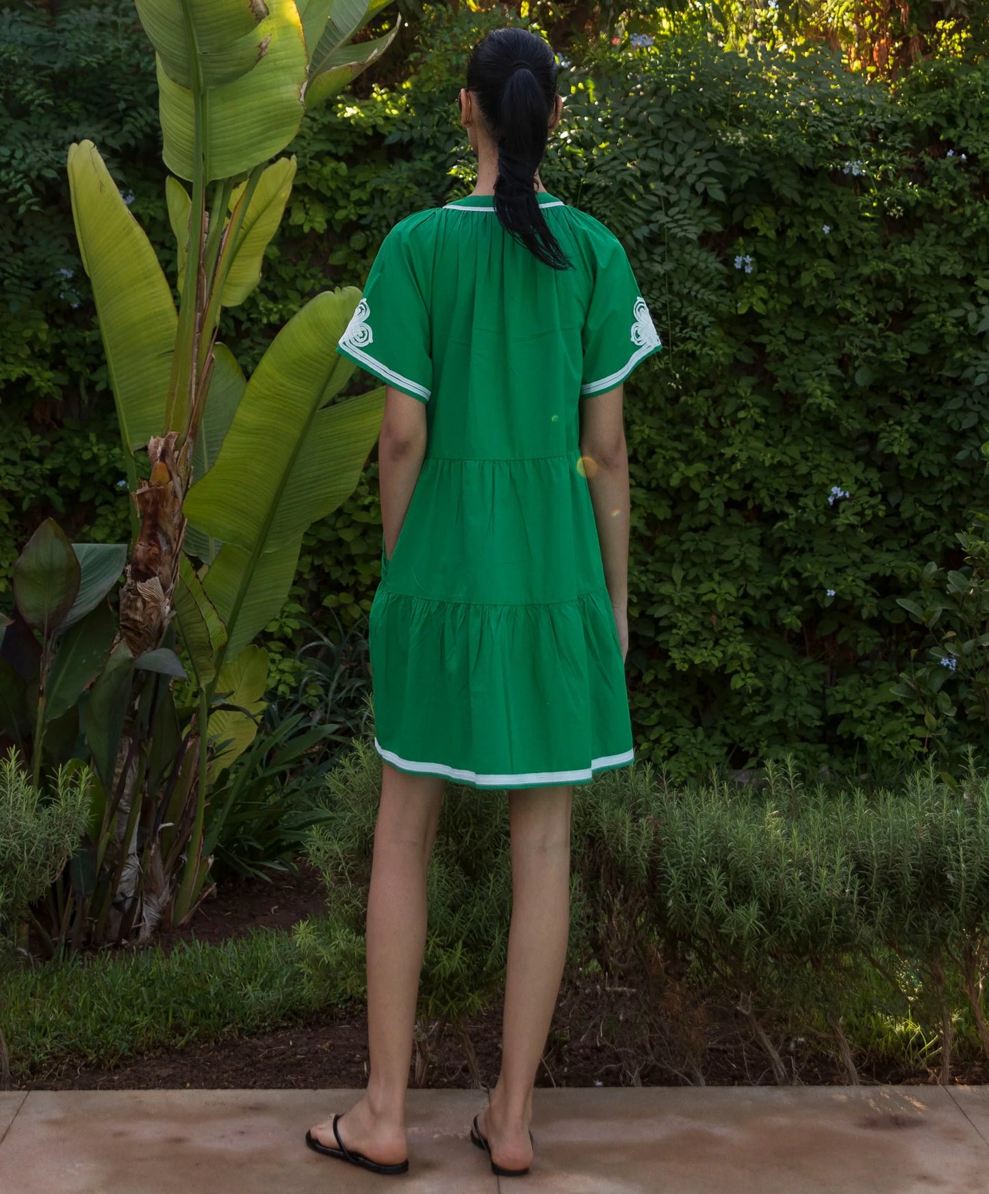 Flora Short Sleeved Tiered Dress in green by Rose & Rose
