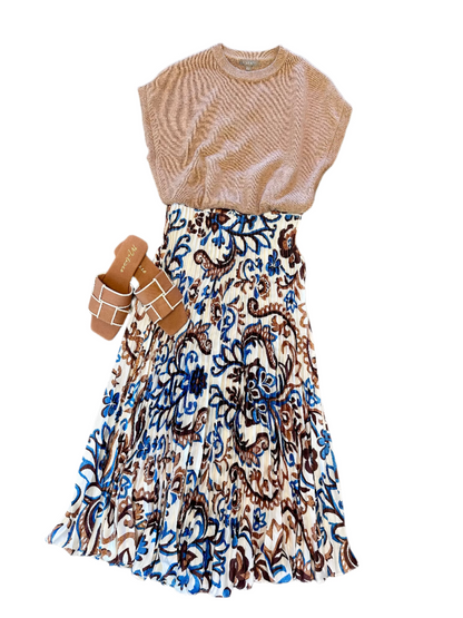 Printed Pleated Maxi Skirt in ivory/brown/blue by Skies are Blue