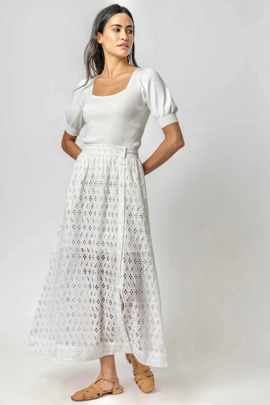 Eyelet Side Button Maxi Skirt in white by Lilla P