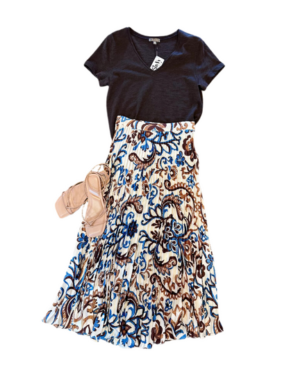 Printed Pleated Maxi Skirt in ivory/brown/blue by Skies are Blue