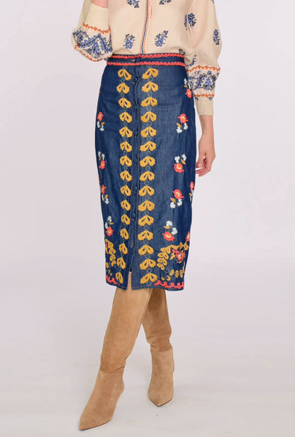 Frannie Embroidered Midi Skirt in denim by Elizabeth James