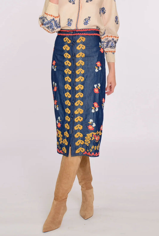 Frannie Embroidered Midi Skirt in denim by Elizabeth James