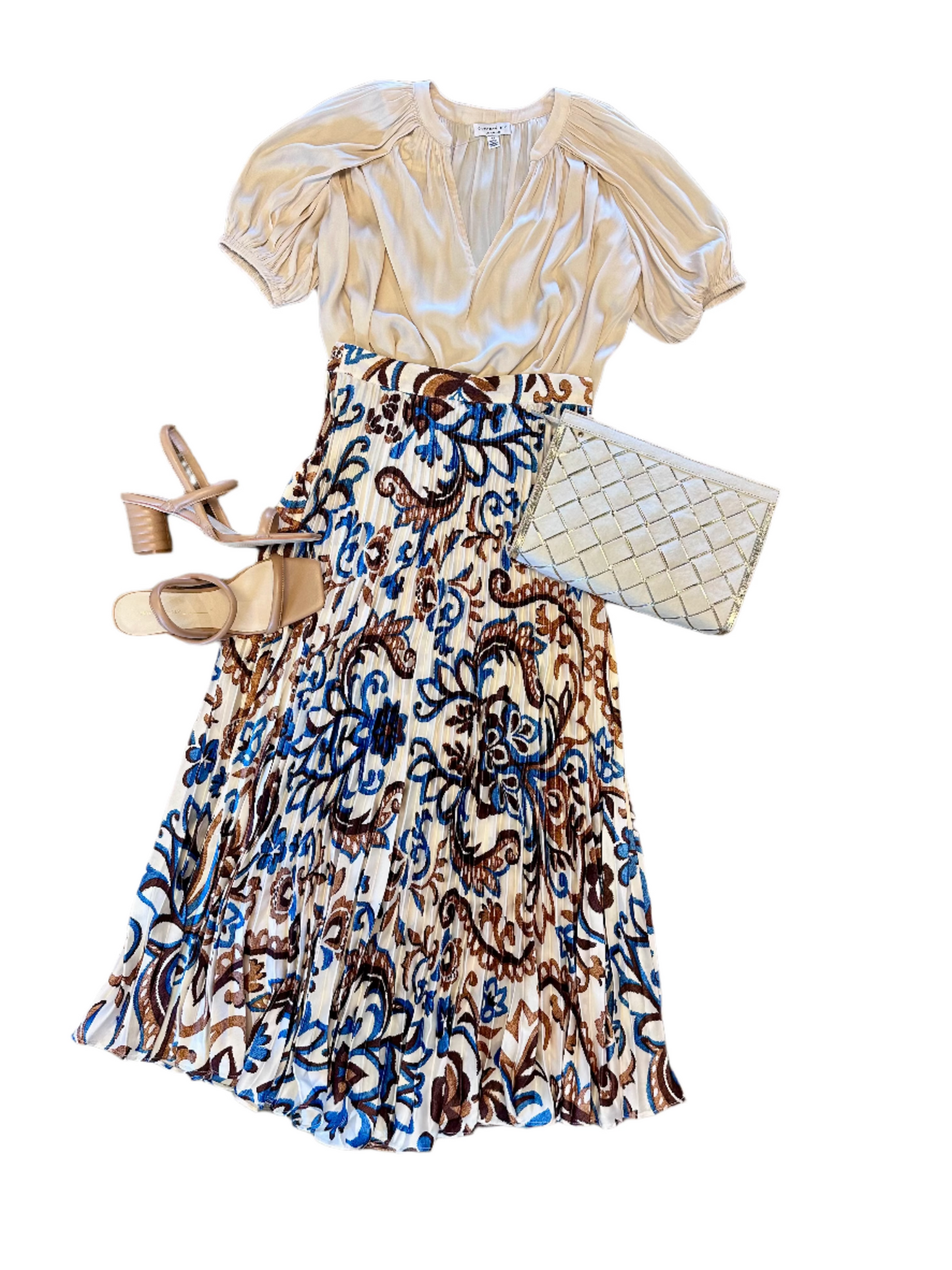 Printed Pleated Maxi Skirt in ivory/brown/blue by Skies are Blue