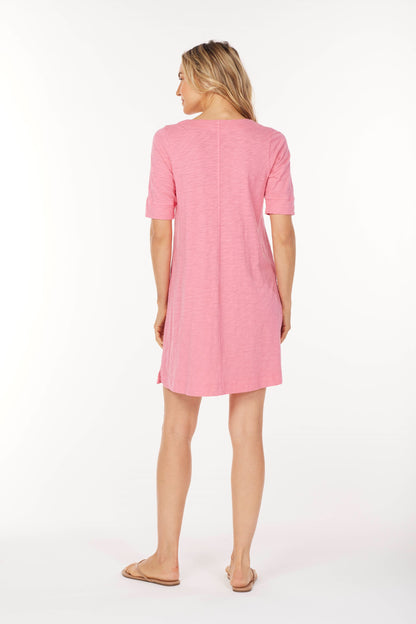 Elbow Sleeve Split Neck Shift Dress in sea siren by Mododoc