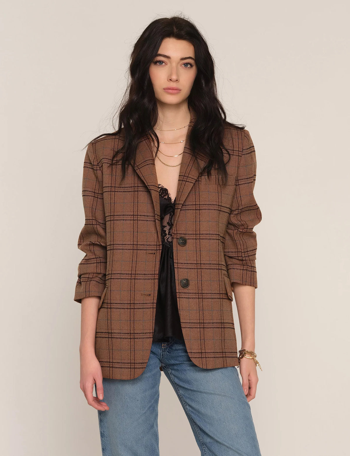 Sienna Plaid Blazer in toffee by Heartloom