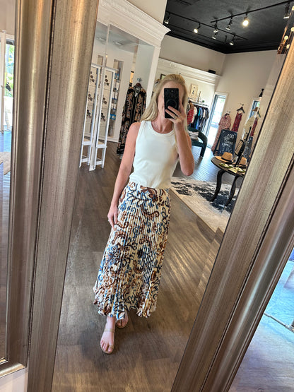 Printed Pleated Maxi Skirt in ivory/brown/blue by Skies are Blue