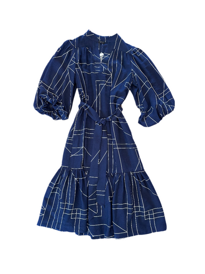 Stand Collar V-Neck Puff Sleeve Midi Dress in navy by Current Air