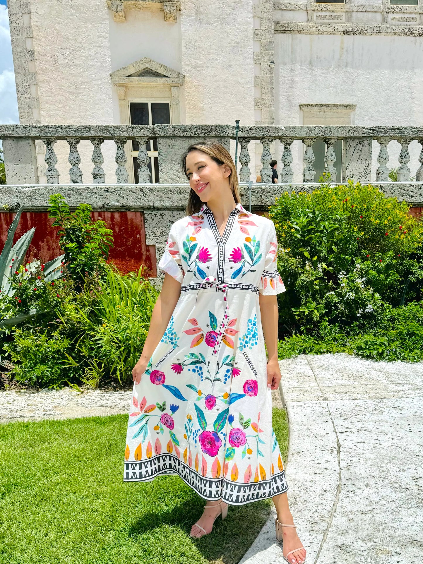 Cape Midi Dress in bees garden white by Isla Payal