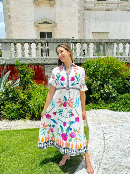 Cape Midi Dress in bees garden white by Isla Payal