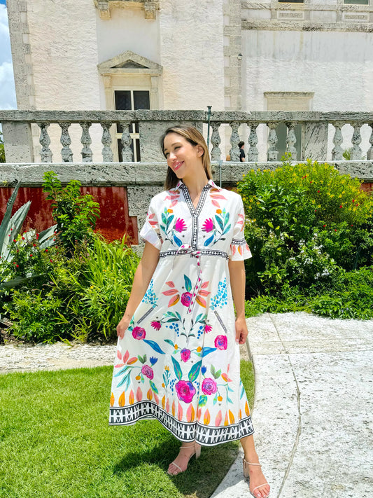 Cape Midi Dress in bees garden white by Isla Payal