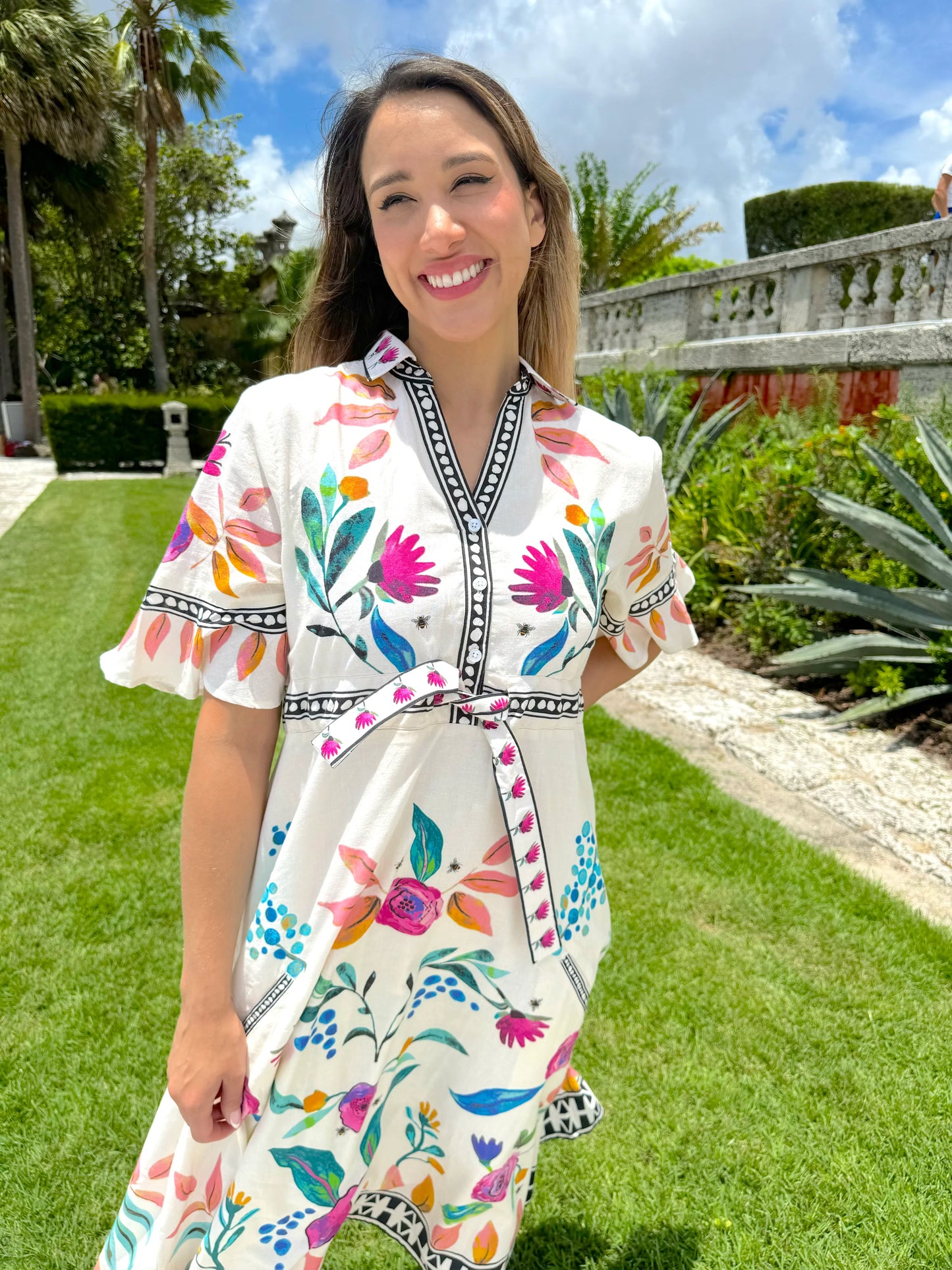 Cape Midi Dress in bees garden white by Isla Payal
