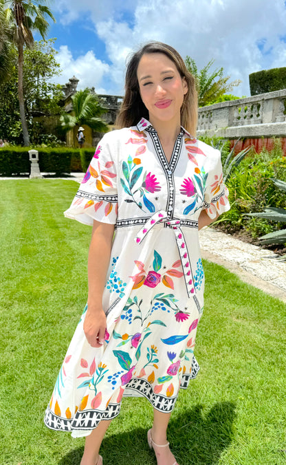 Cape Midi Dress in bees garden white by Isla Payal
