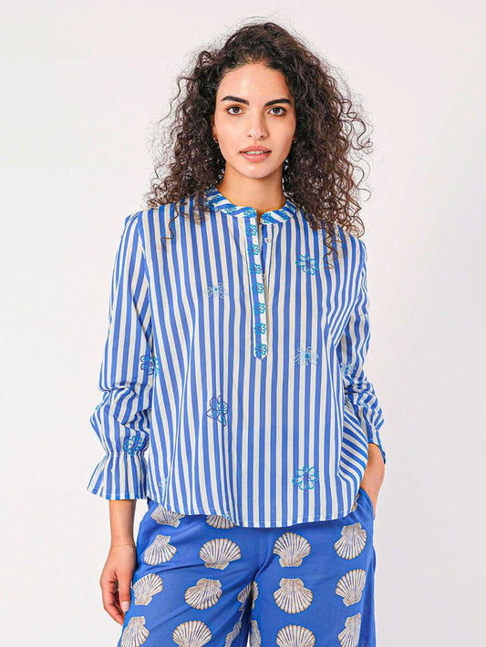 Broom Stripe Blouse with Flower Embroidery in blue by Nimo