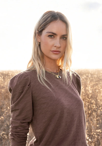 Jules Tee with Pleated Shoulder Sleeve in brown by Dylan