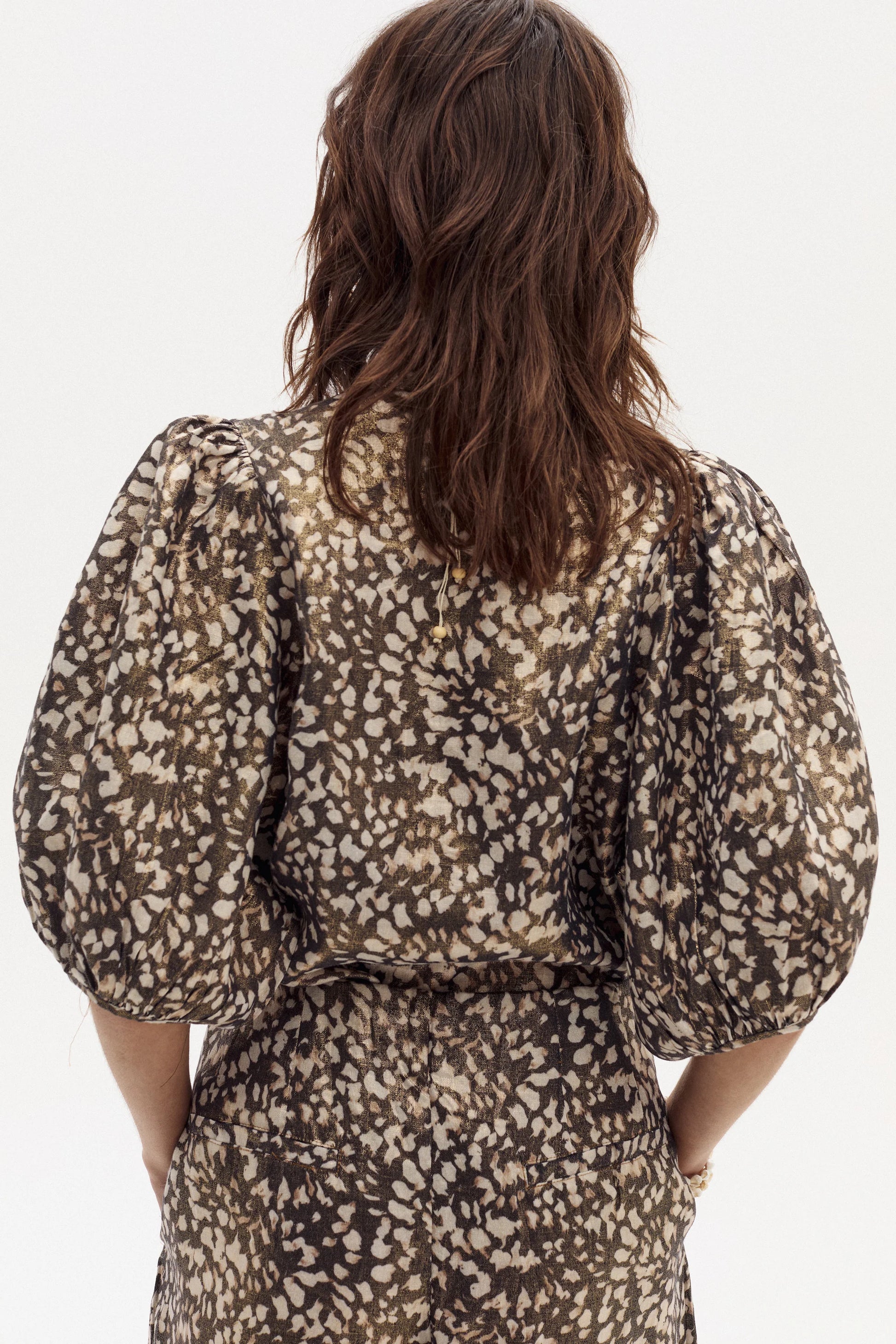 Button up linen blouse with metallic printed fabric 