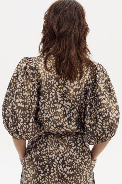 Button up linen blouse with metallic printed fabric 