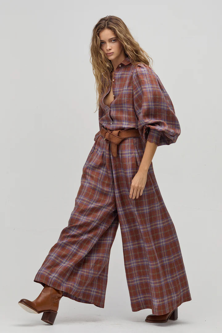 Sabi Linen Pants in hazelnut checks by Lanhtropy