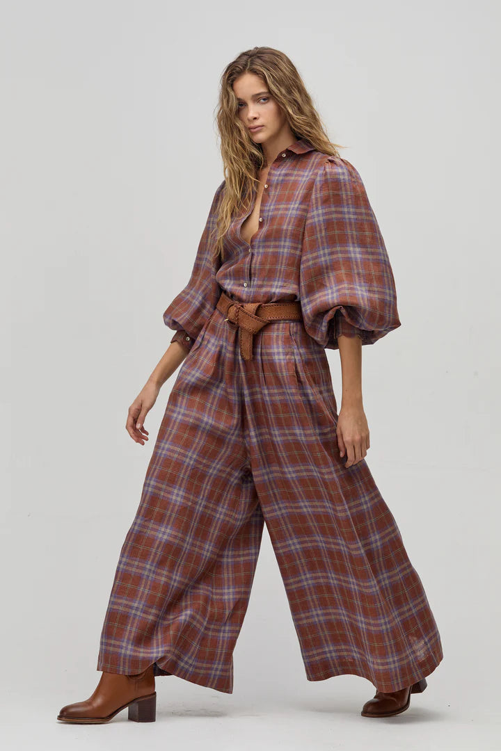 Sabi Linen Pants in hazelnut checks by Lanhtropy