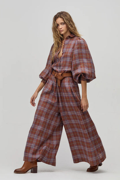 Sabi Linen Pants in hazelnut checks by Lanhtropy