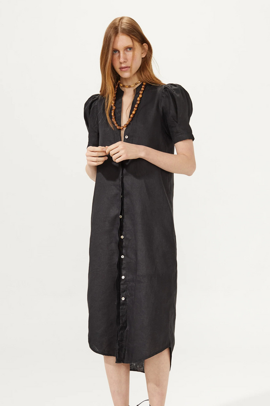 Athina Midi Linen Dress in black by Lanhtropy