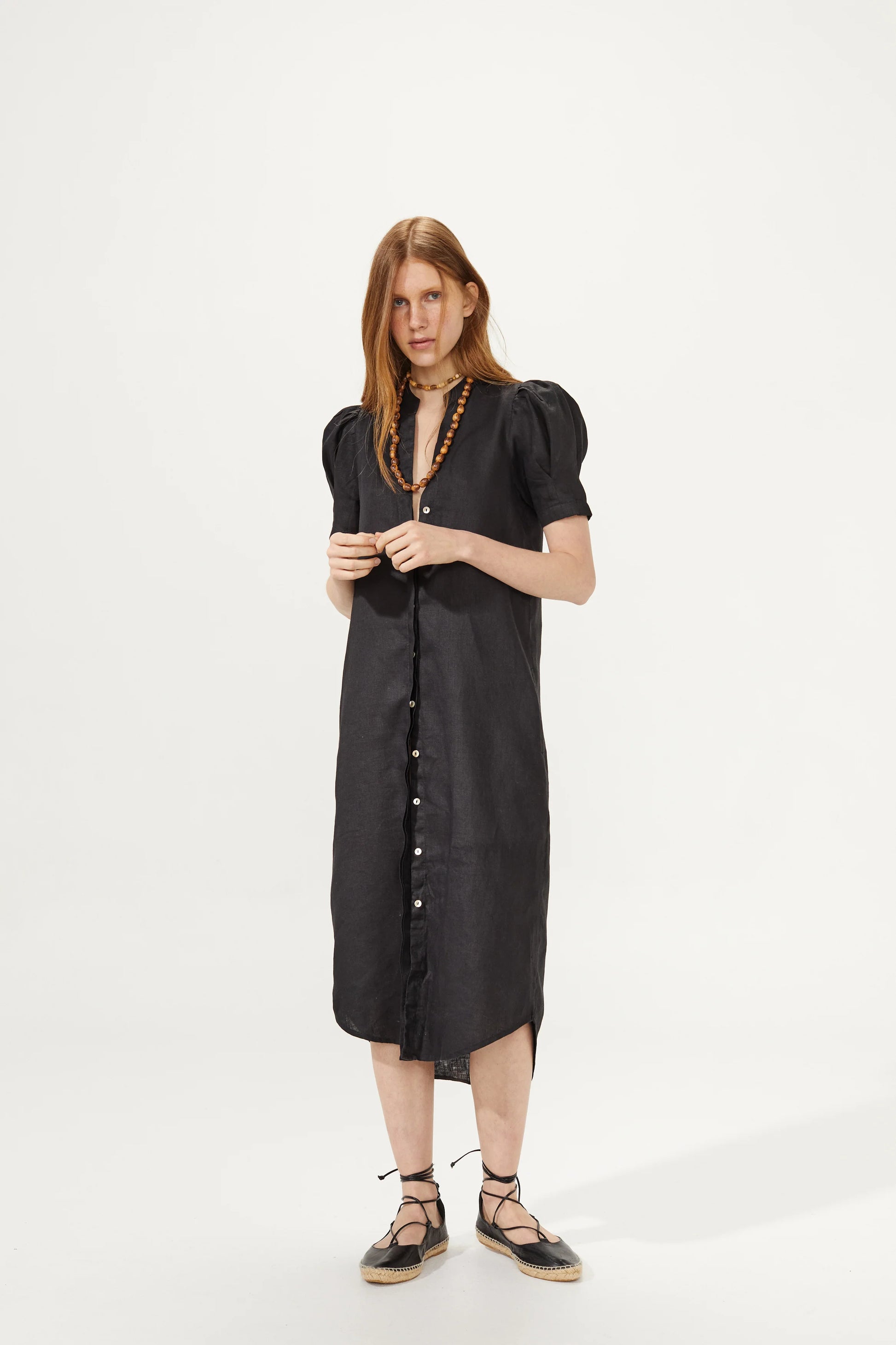 Button up front black linen mini dress front view 