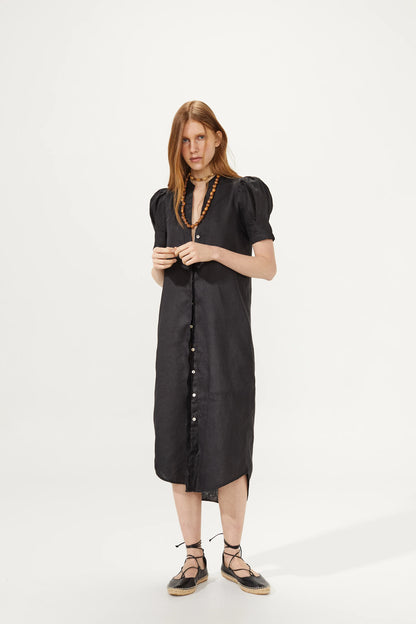 Button up front black linen mini dress front view 
