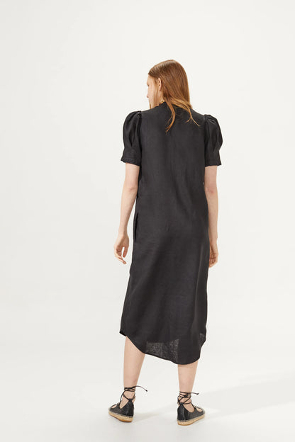 linen midi dress in black with puff sleeve detail 