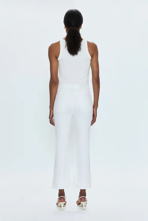 Pistola lennon jeans in vivid white styled with sandals and white tank spring outfit