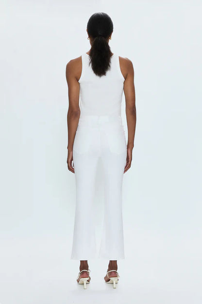 Pistola lennon jeans in vivid white styled with sandals and white tank spring outfit
