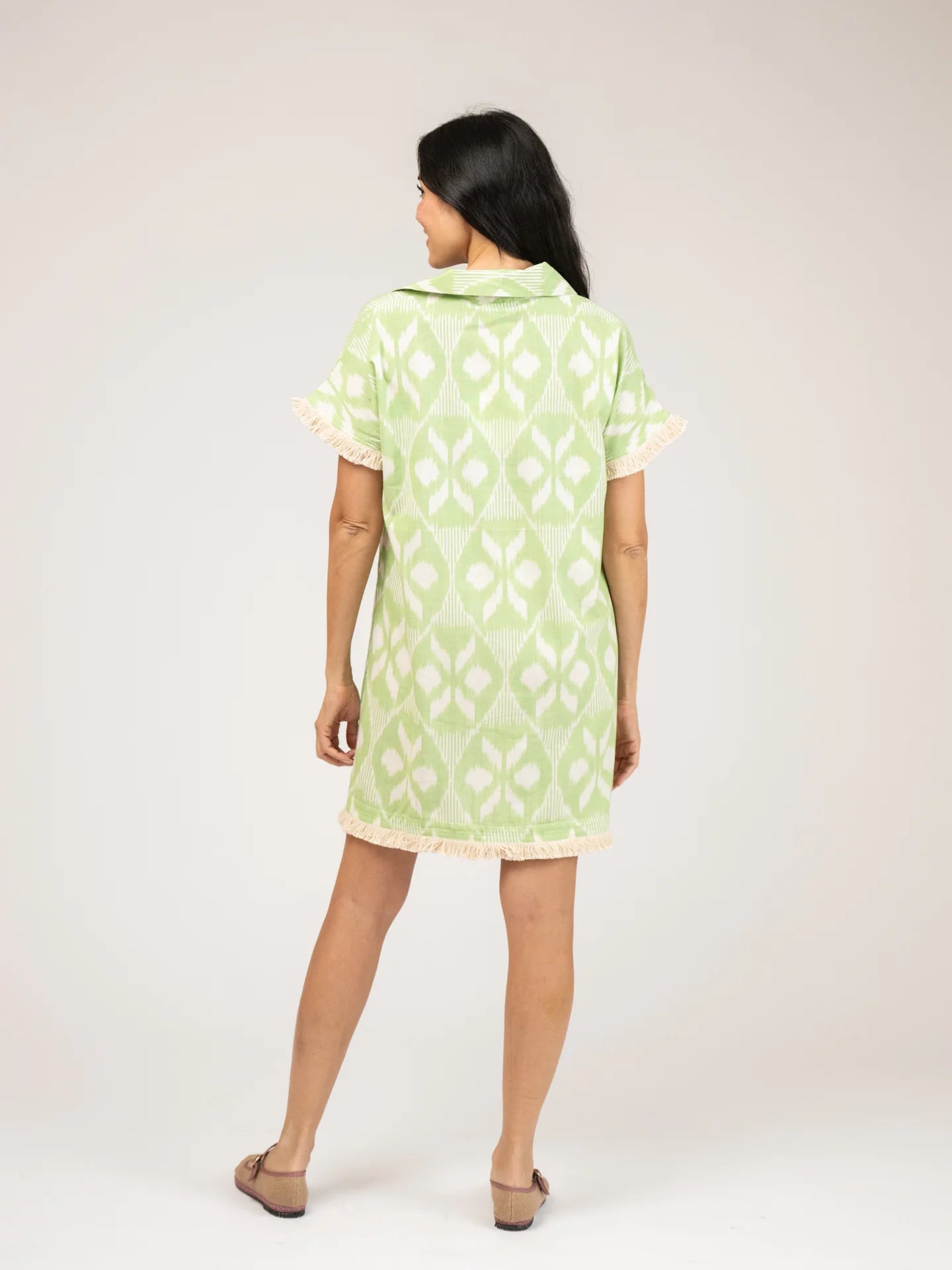 Backview of model wearing Ikat beach dress 