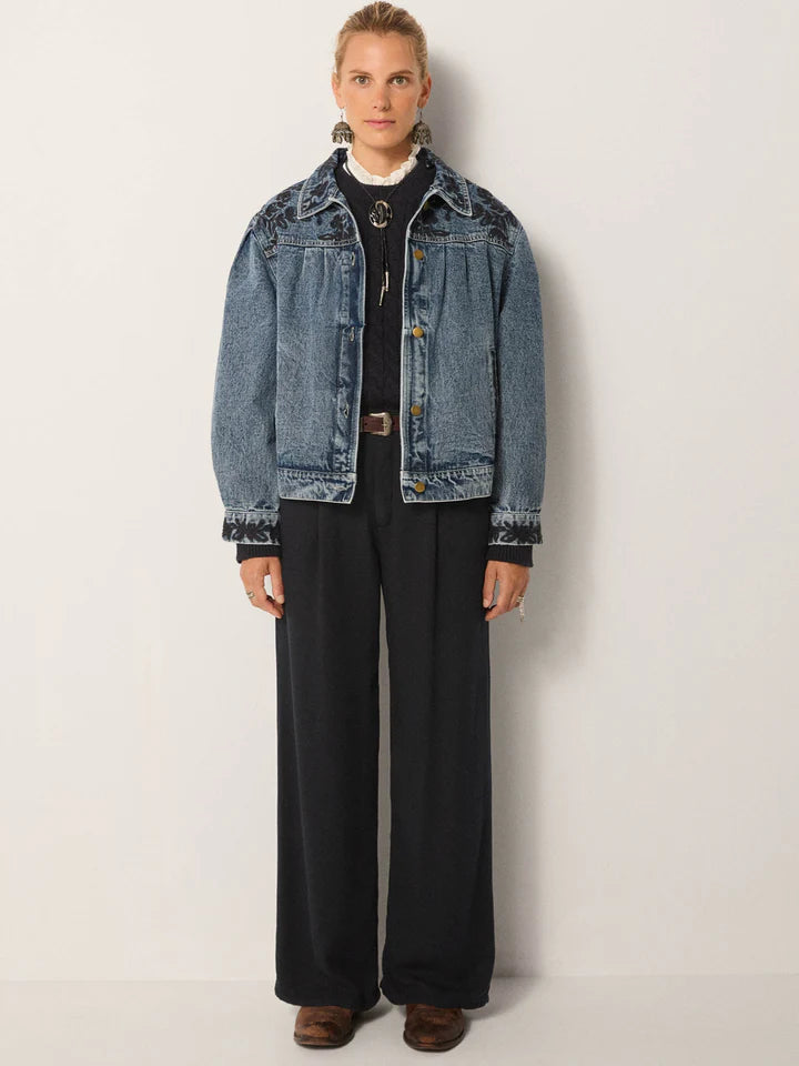 Wesley Embroidered Denim Jacket in rodeo western blue by Maison Hotel