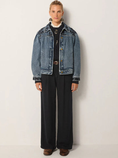 Wesley Embroidered Denim Jacket in rodeo western blue by Maison Hotel