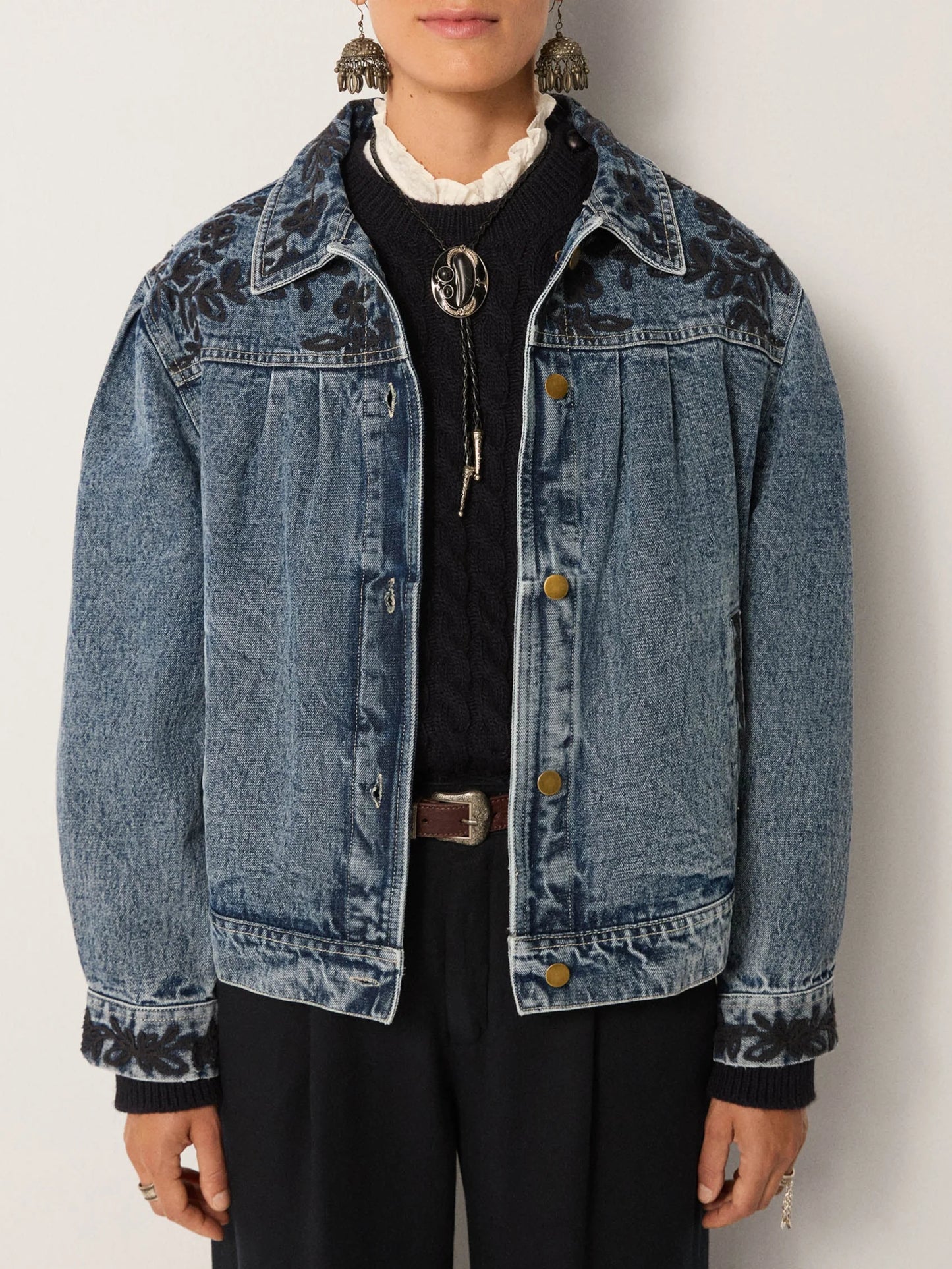 Wesley Embroidered Denim Jacket in rodeo western blue by Maison Hotel
