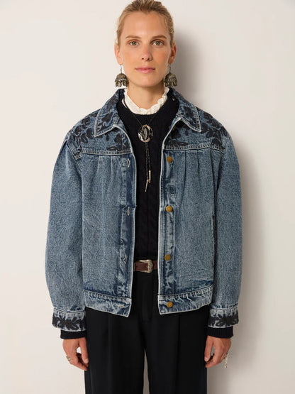 Wesley Embroidered Denim Jacket in rodeo western blue by Maison Hotel