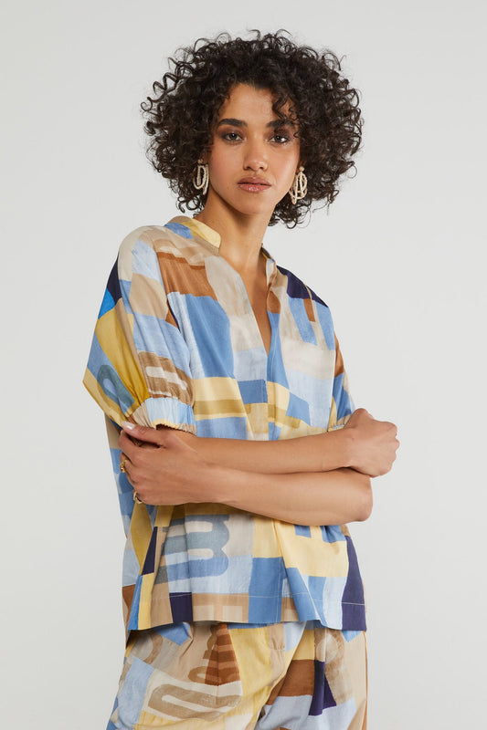 Cotton Short Sleeve Printed Top in multi by Ottod'ame