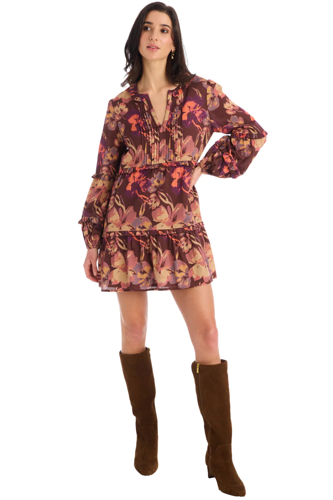 Michelle Mini Dress in brown floral by Allison