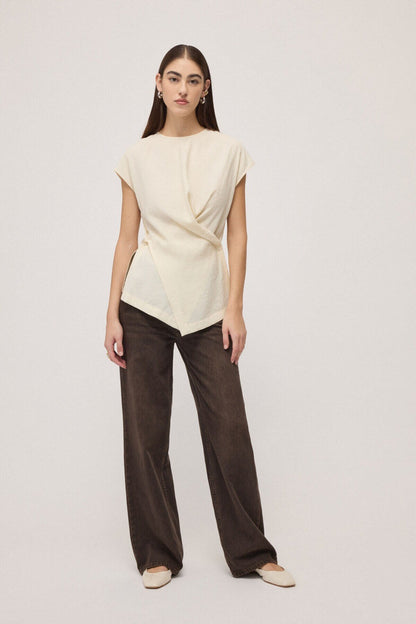 Short Sleeve Drape Blouse in latte by Ottod'Ame