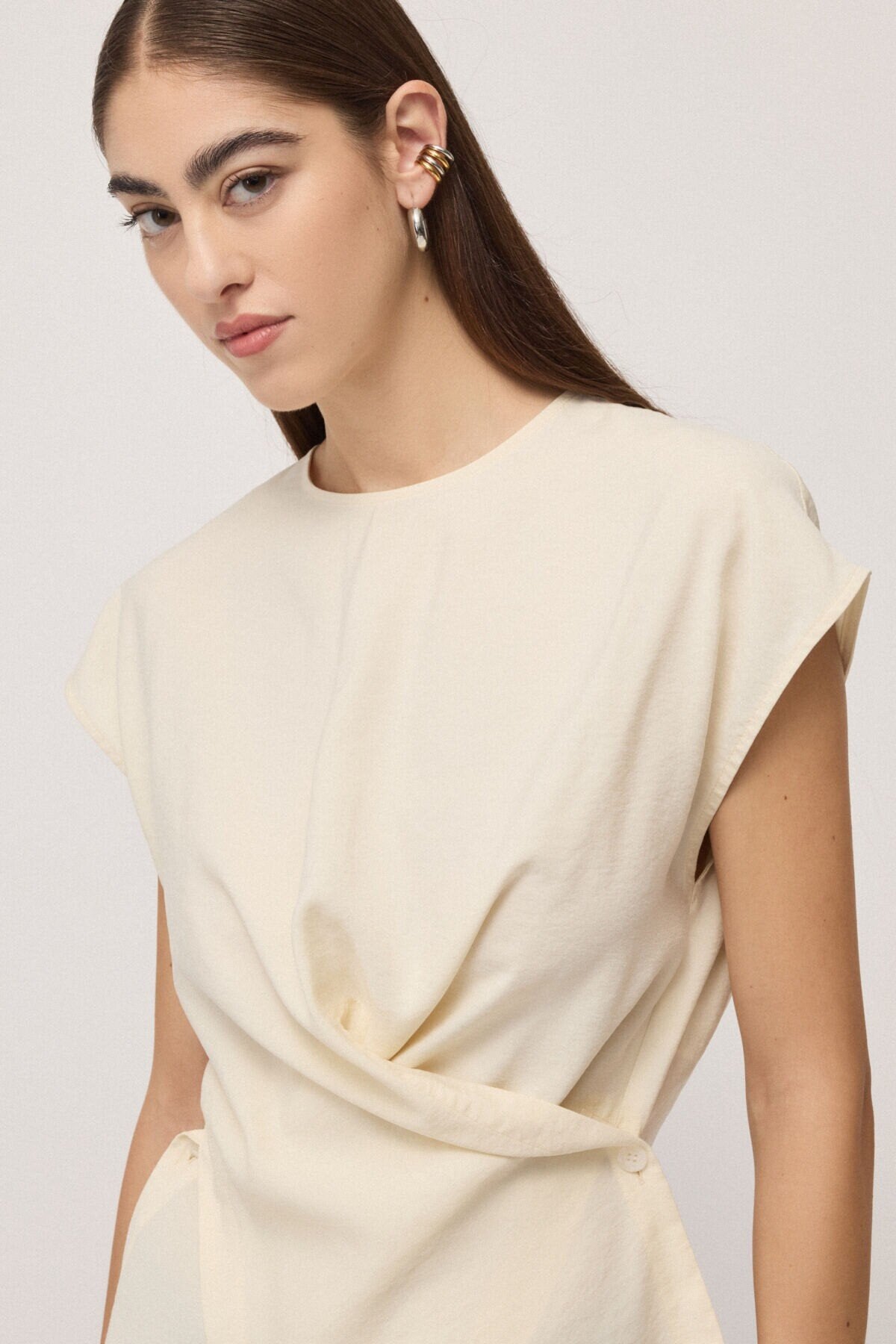 Short Sleeve Drape Blouse in latte by Ottod'Ame