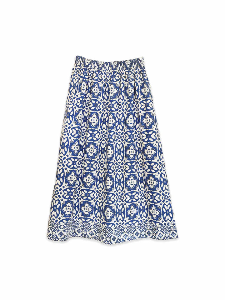 Madelyn Midi Skirt in rosetta tile navy by Brooks Avenue