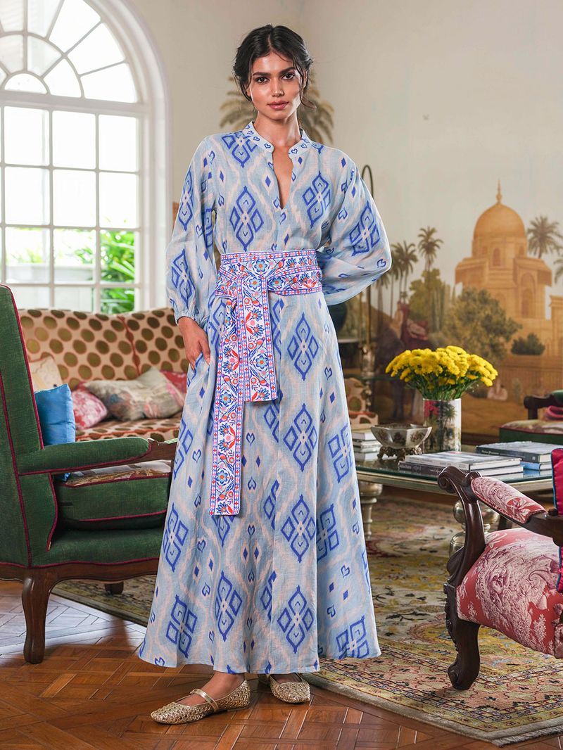 Marigold Linen Dress in ikat blue by Nimo