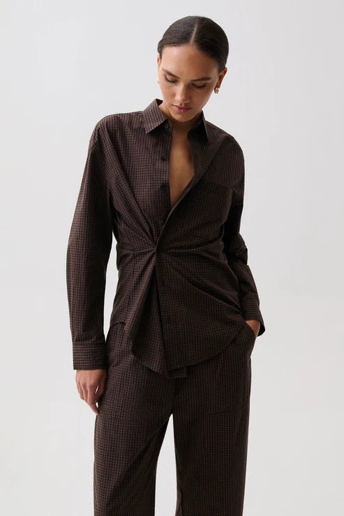 Mila Long Sleeve Button Down Wrap Top in hot toddy by Pistola