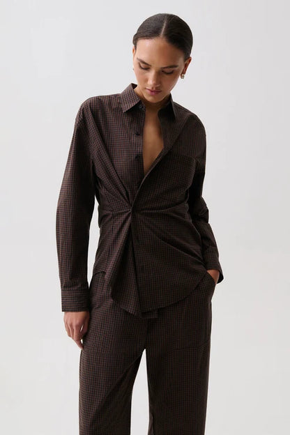 Mila Long Sleeve Button Down Wrap Top in hot toddy by Pistola