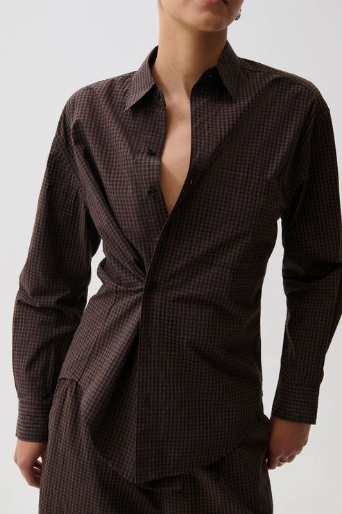 Mila Long Sleeve Button Down Wrap Top in hot toddy by Pistola