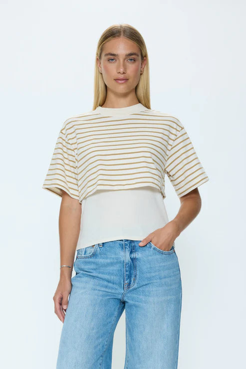 Camryn Boxy Overlay Tee in tannin ecru stripe by Pistola